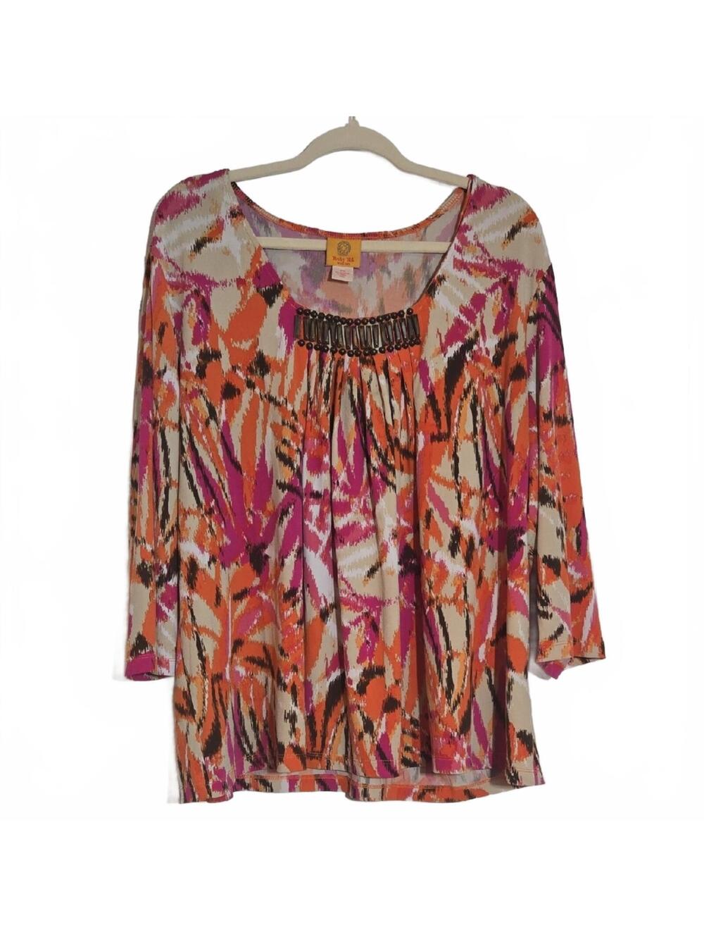 Ruby Rd. Orange Pink Tan Beaded Abstract Blouse Size 2X